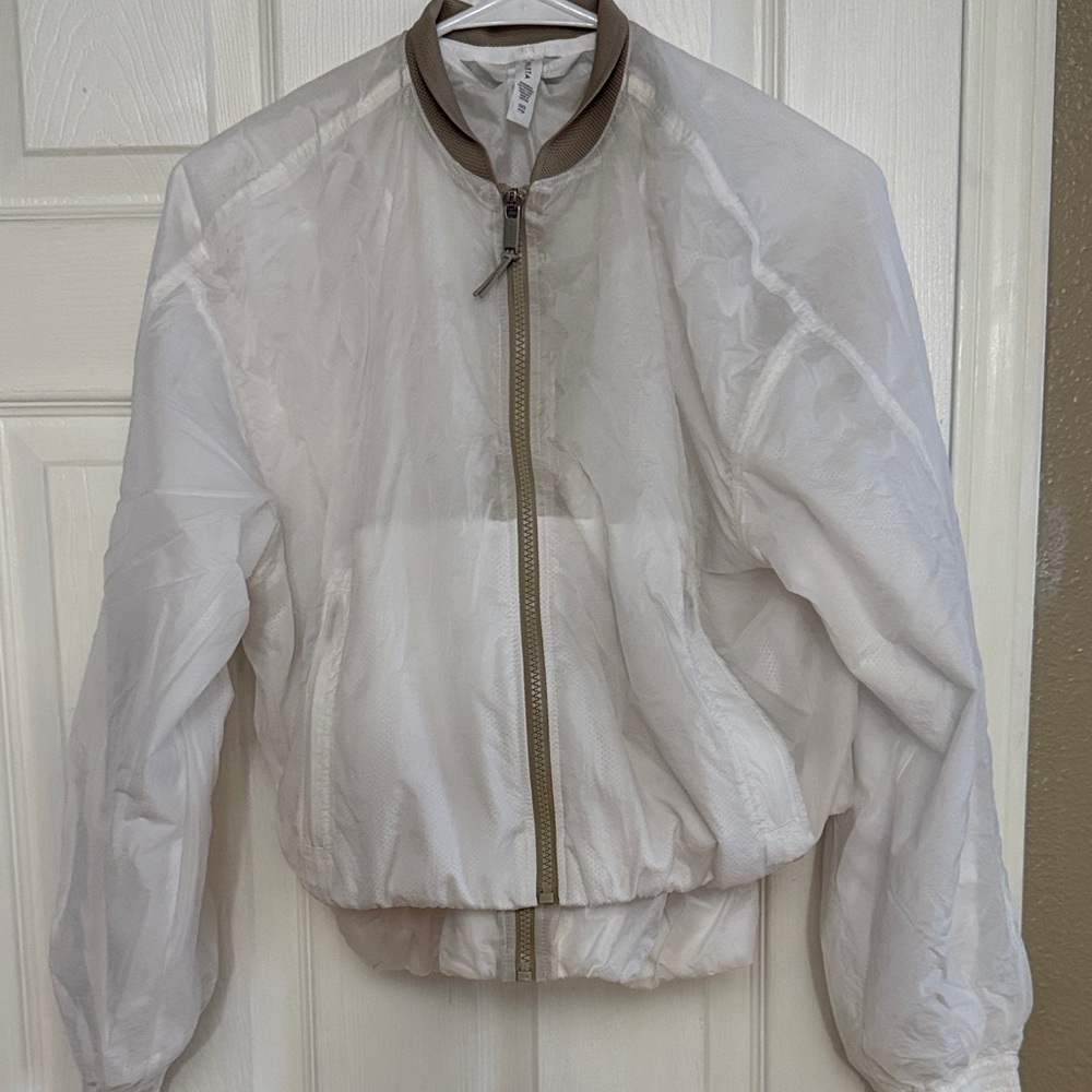 Athleta Sheer White Bomber Jacket with Taupe Trim